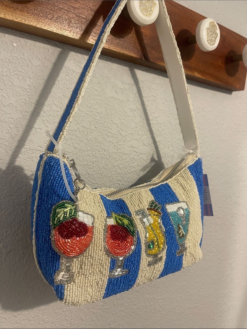 Viral Beaded Bag - Cocktail Stripe Shoulder Bag - Blue & Cream - Picture 5 of 9